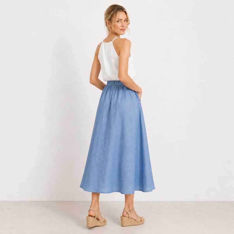 Sky Blue Linen A-Line Midi Skirt