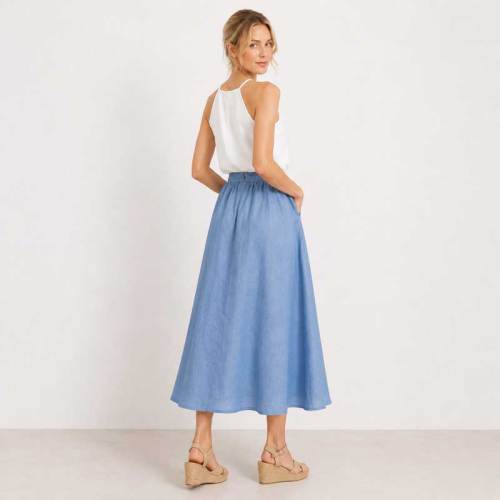 Sky Blue Linen A-Line Midi Skirt