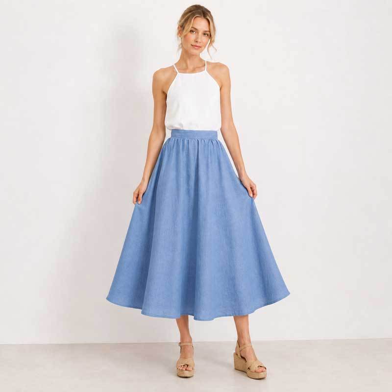 Sky Blue Linen A-Line Midi Skirt