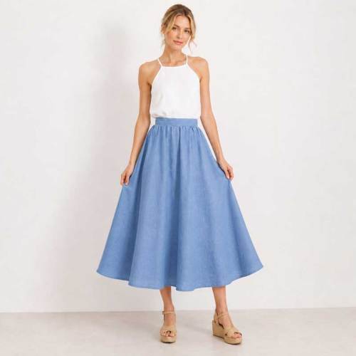Sky Blue Linen A-Line Midi Skirt