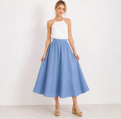 Sky Blue Linen A-Line Midi Skirt