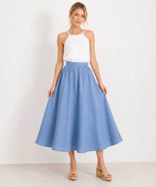 Sky Blue Linen A-Line Midi Skirt