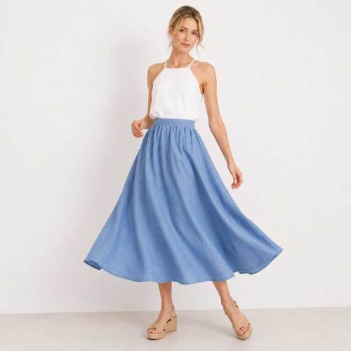 Sky Blue Linen A-Line Midi Skirt