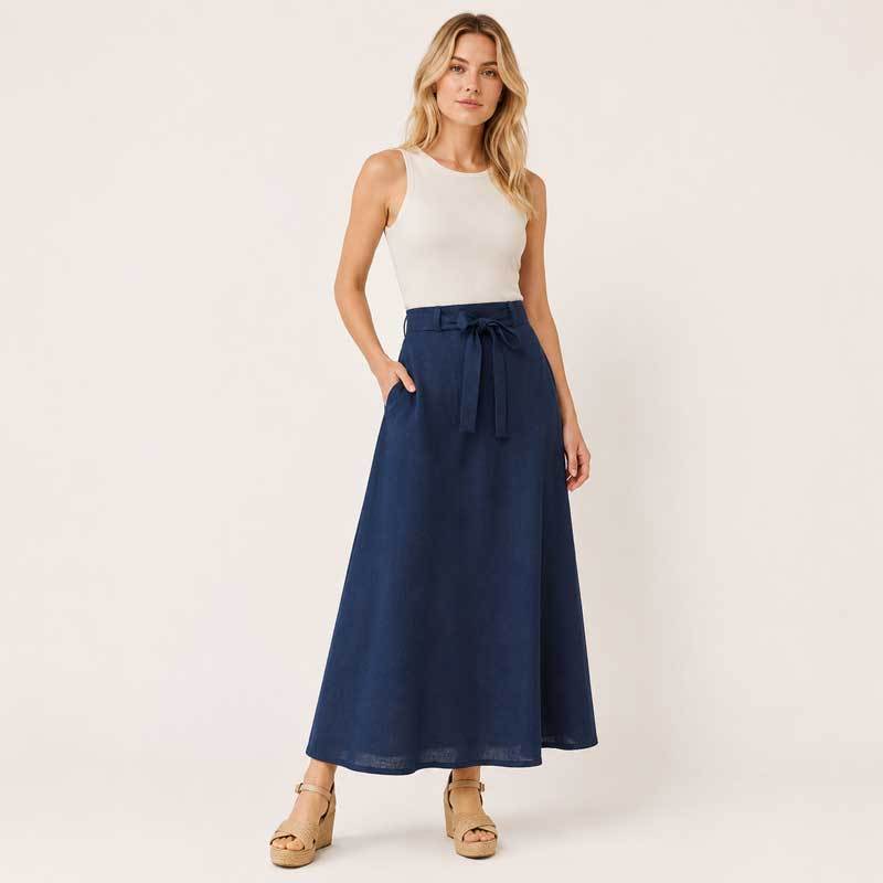 Navy Linen Tie-Waist Maxi Skirt
