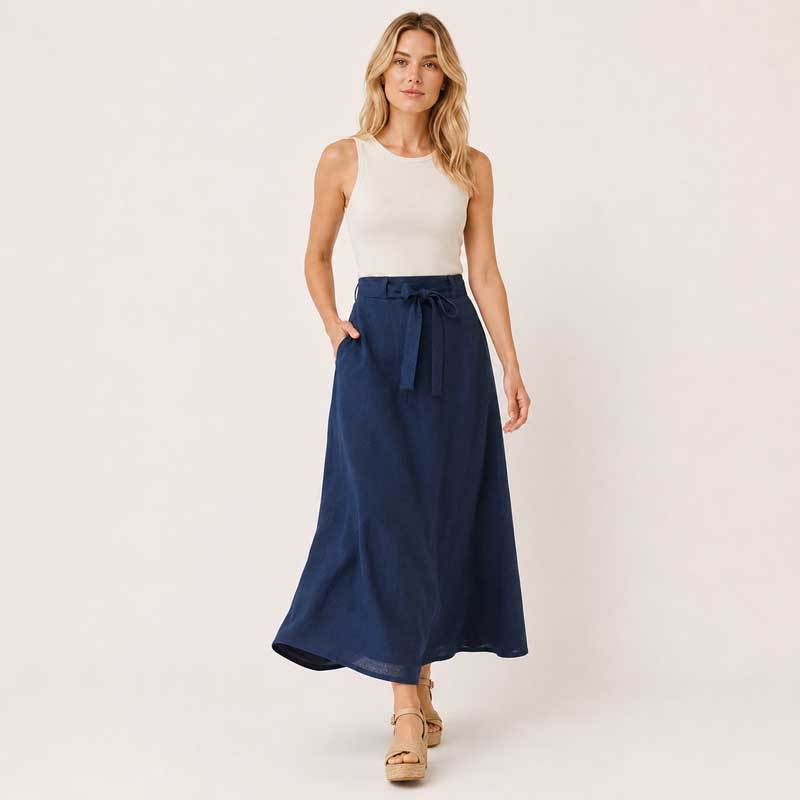 Navy Linen Tie-Waist Maxi Skirt