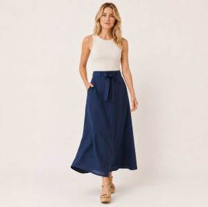 Navy Linen Tie-Waist Maxi Skirt