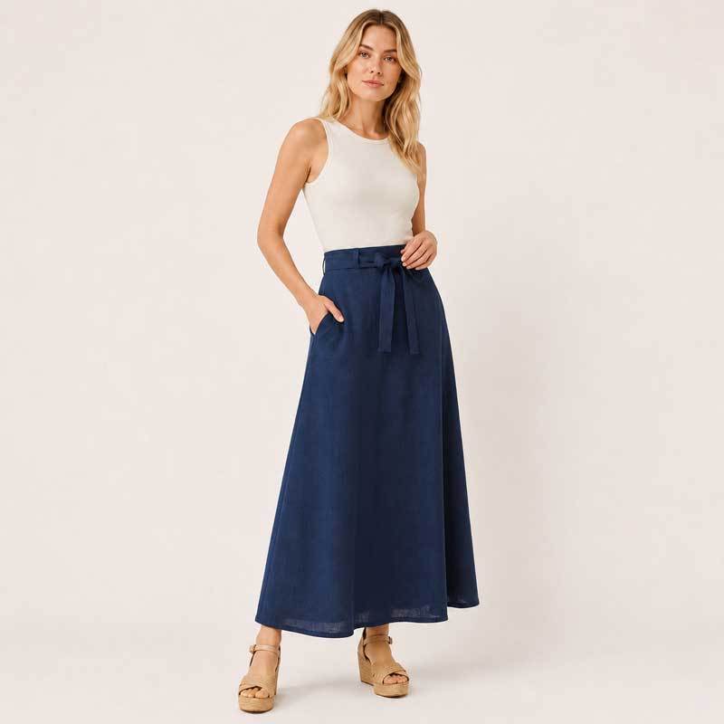 Navy Linen Tie-Waist Maxi Skirt