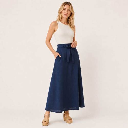 Navy Linen Tie-Waist Maxi Skirt