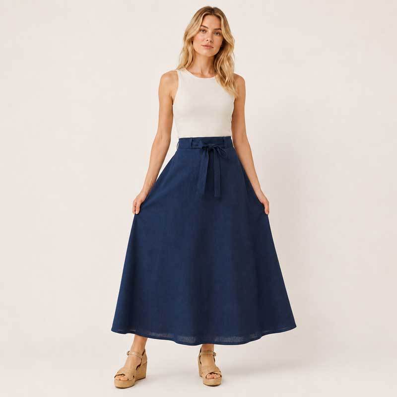 Navy Linen Tie-Waist Maxi Skirt