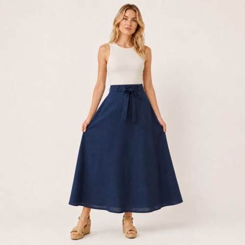 Navy Linen Tie-Waist Maxi Skirt