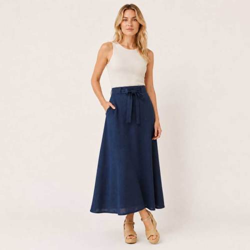 Navy Linen Tie-Waist Maxi Skirt