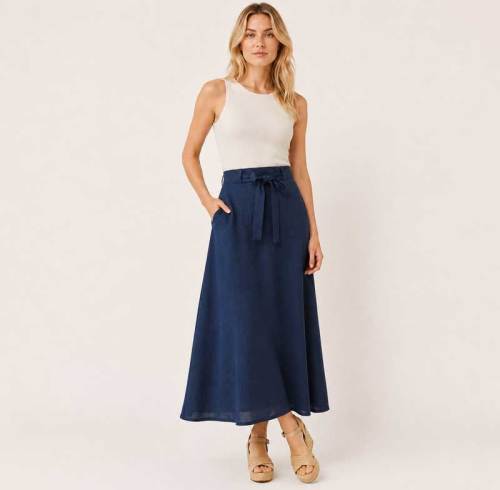 Navy Linen Tie-Waist Maxi Skirt