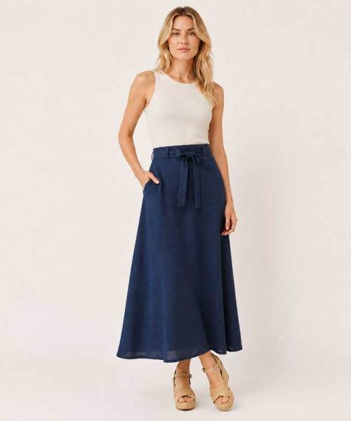 Navy Linen Tie-Waist Maxi Skirt