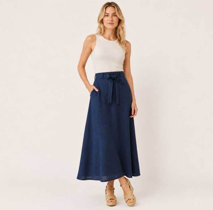 Navy Linen Tie-Waist Maxi Skirt