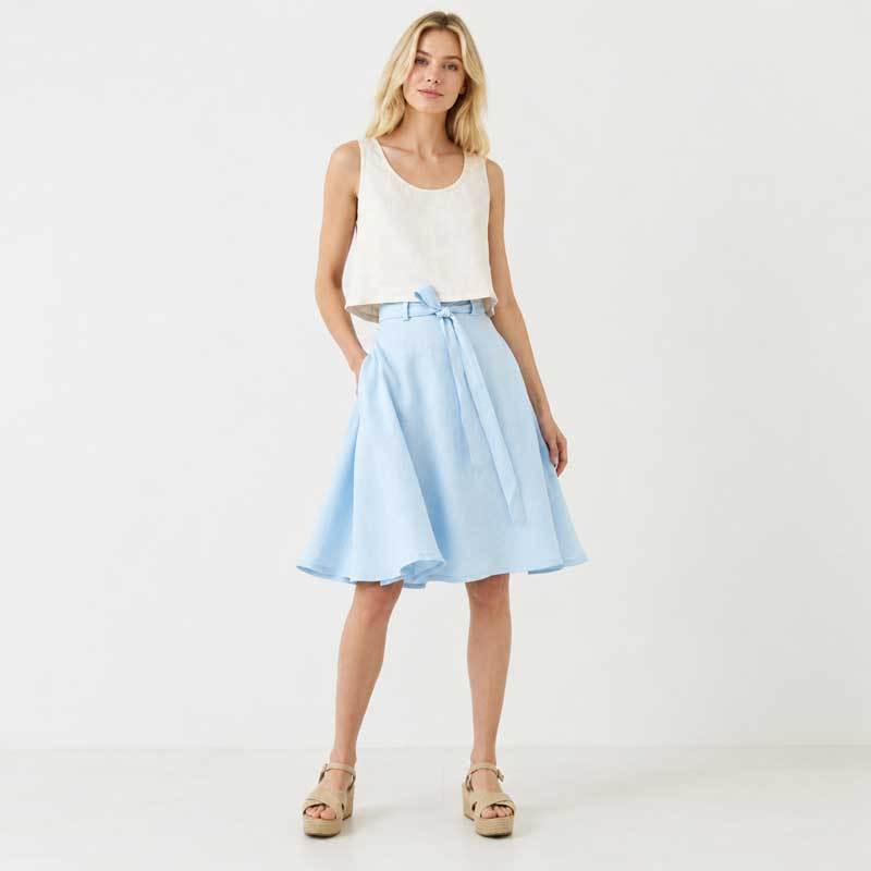 Light Blue Linen Tie-Waist Mid-Length Skirt