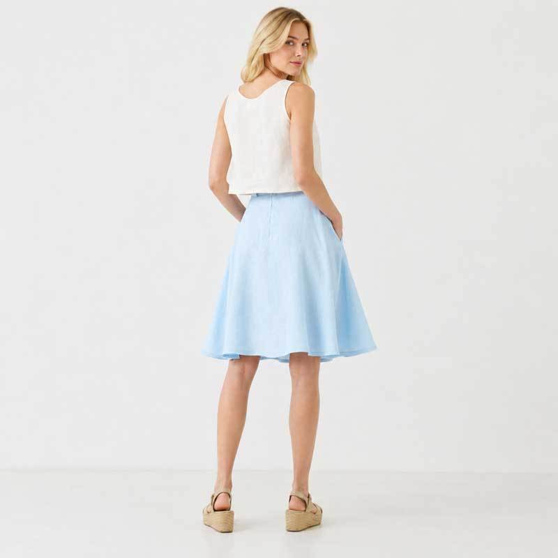 Light Blue Linen Tie-Waist Mid-Length Skirt