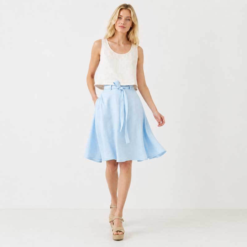 Light Blue Linen Tie-Waist Mid-Length Skirt