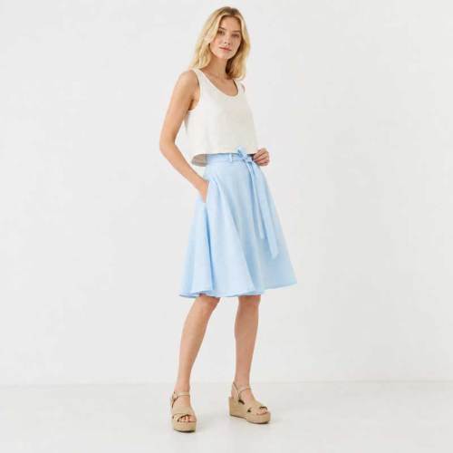 Sky Blue Linen A-Line Midi Skirt