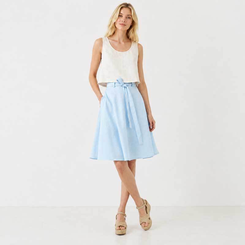 Light Blue Linen Tie-Waist Mid-Length Skirt