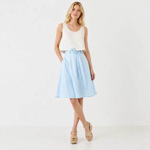Sky Blue Linen A-Line Midi Skirt