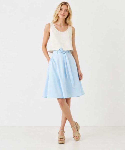 Sky Blue Linen A-Line Midi Skirt
