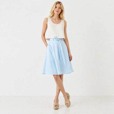 Sky Blue Linen A-Line Midi Skirt