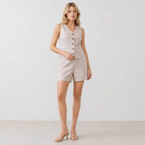 Natural Linen Sleeveless Vest & Shorts Set