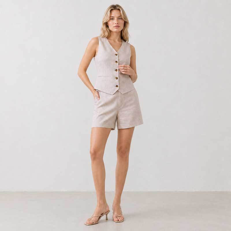 Natural Linen Sleeveless Vest & Shorts Set