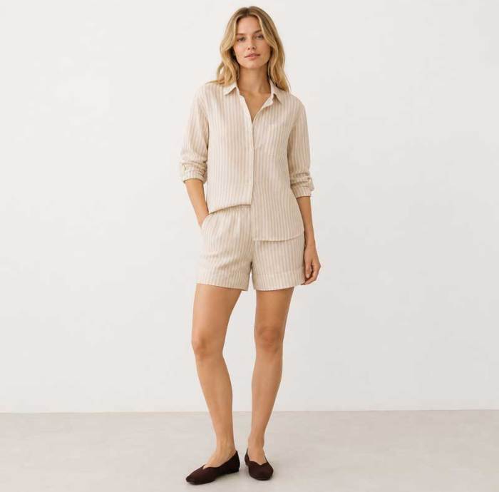 Cream Striped Linen Shirt & Shorts Set