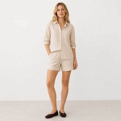 Cream Striped Linen Shirt & Shorts Set