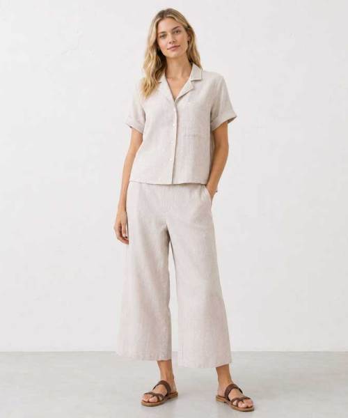 Natural Linen Short Sleeve Shirt & Wide-Leg Pants Set