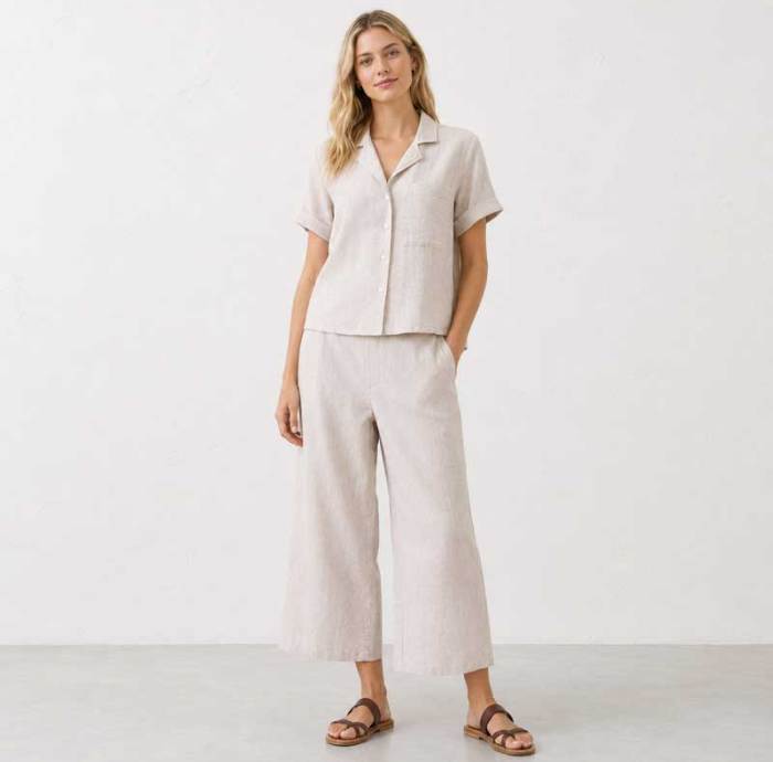 Natural Linen Short Sleeve Shirt & Wide-Leg Pants Set
