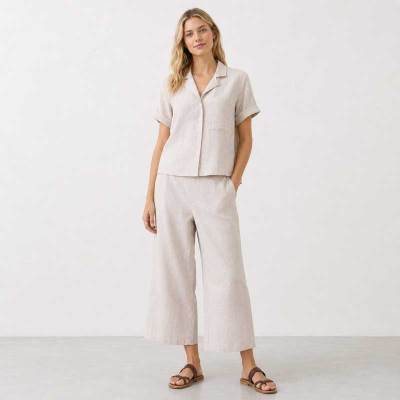 Natural Linen Short Sleeve Shirt & Wide-Leg Pants Set