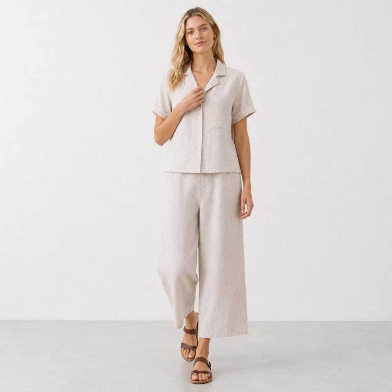 Natural Linen Short Sleeve Shirt & Wide-Leg Pants Set