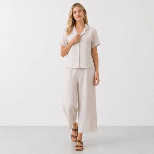 Natural Linen Short Sleeve Shirt & Wide-Leg Pants Set