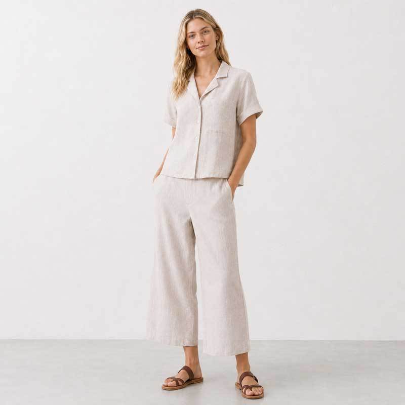 Natural Linen Short Sleeve Shirt & Wide-Leg Pants Set