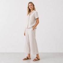 Natural Linen Short Sleeve Shirt & Wide-Leg Pants Set