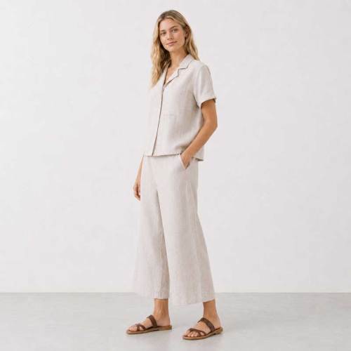 Natural Linen Short Sleeve Shirt & Wide-Leg Pants Set