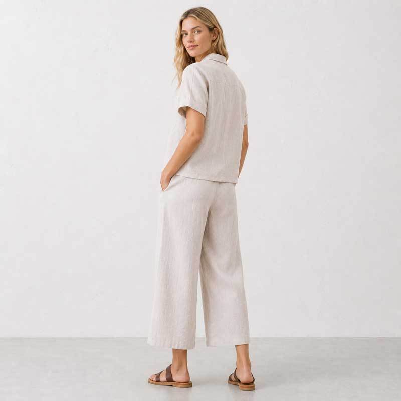 Natural Linen Short Sleeve Shirt & Wide-Leg Pants Set