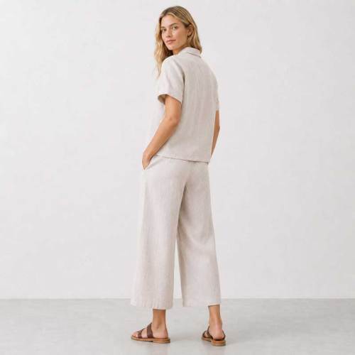 Natural Linen Short Sleeve Shirt & Wide-Leg Pants Set