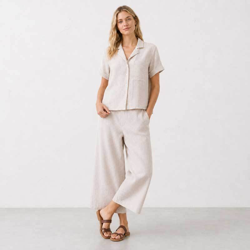 Natural Beige Linen Jacket & Wide-Leg Pants Set