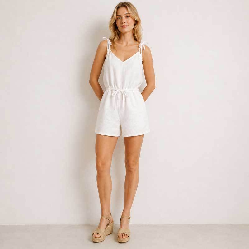 White Linen Tie-Shoulder Lounge Romper