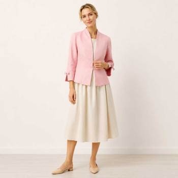 Pink Linen Cropped Open-Front Jacket
