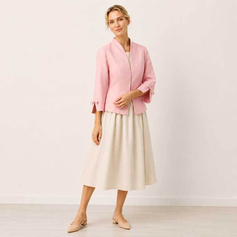 Pink Linen Cropped Open-Front Jacket