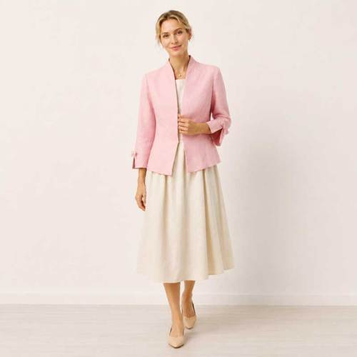 Pink Linen Cropped Open-Front Jacket