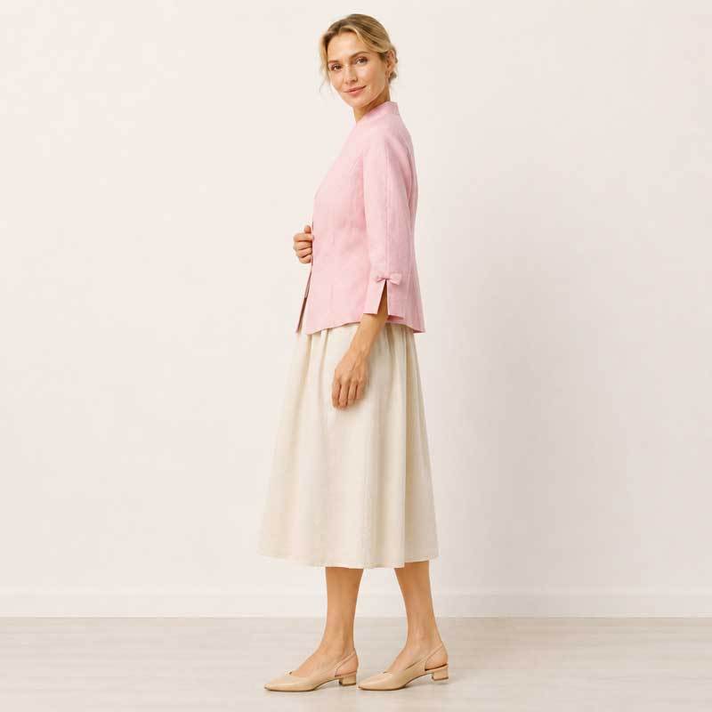 Pink Linen Cropped Open-Front Jacket