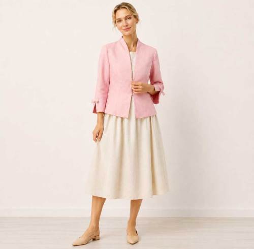 Pink Linen Cropped Open-Front Jacket