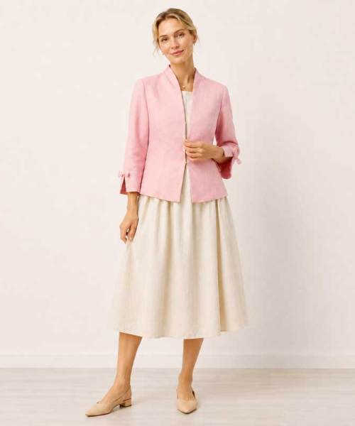 Pink Linen Cropped Open-Front Jacket