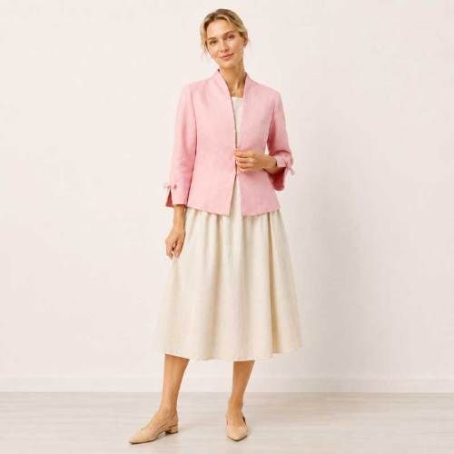 Pink Linen Cropped Open-Front Jacket