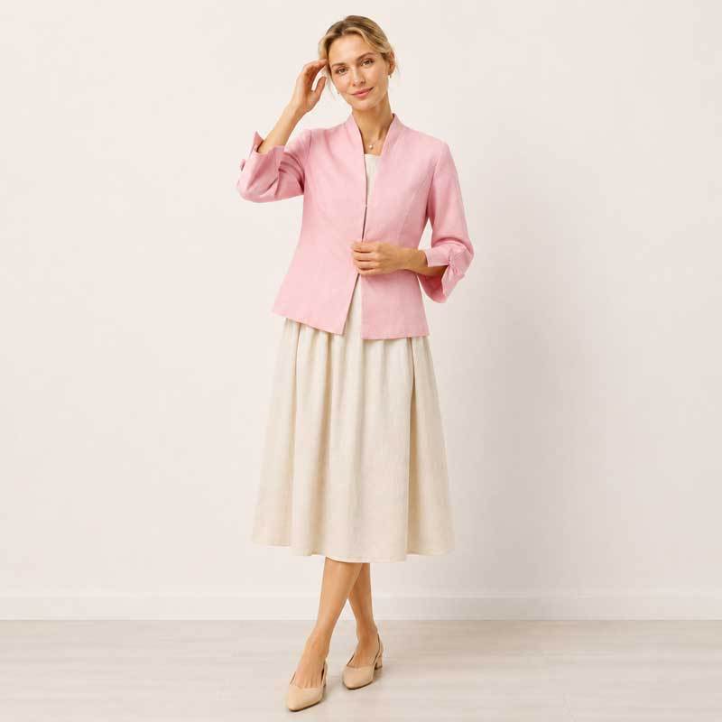Pink Linen Cropped Open-Front Jacket